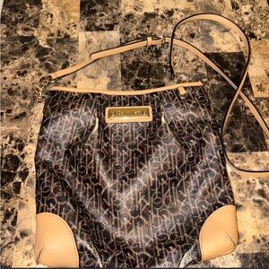 Calvin Klein Brown Monogram Crossbody with Tan Trim and Gold Plate